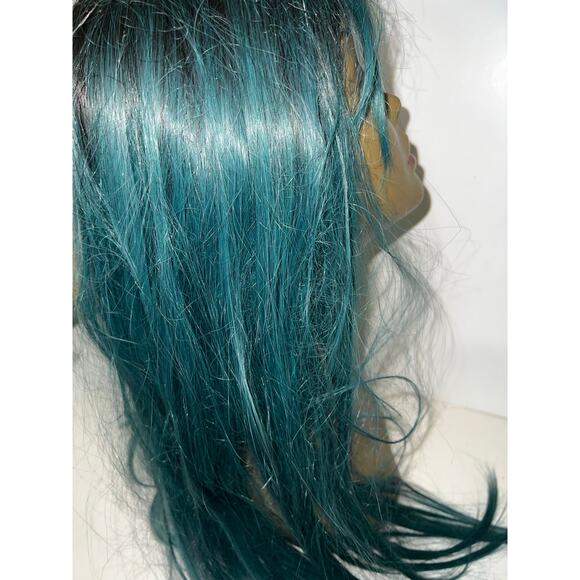 Long Ombre Straight Free Parting Synthetic Wig Two Tone Mix teal Green black NWT - Picture 11 of 12